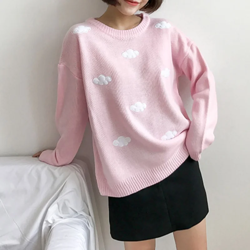 

Women's Preppy Style Sweaters Fashion O-neck Long Sleeve Cloud Appliques High Elastic Knitted Pullovers All-match Warm Sweaters