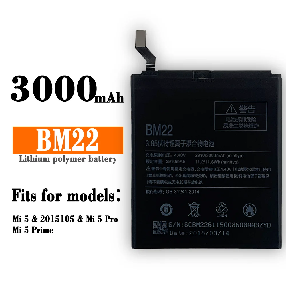 

Xiao mi 100% Orginal BM22 3000mAh Battery For Xiaomi Mi 5 Mi5 M5 BM22 High Quality Phone Replacement Batteries