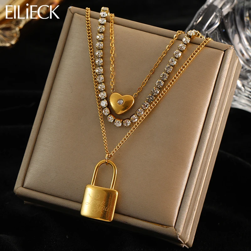 

EILIECK 316L Stainless Steel Gold Color Locks Zircon Pendant Necklace For Women Punk Street Rustproof Neck Jewelry Party Gifts