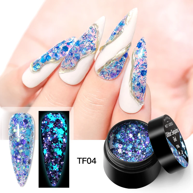 

MEET ACROSS 5ml Glitter Sequins Nail Gel Varnish Semi Permanent Nail Gel 4 Colors Glow In The Dark Soak Off UV Gel Polish