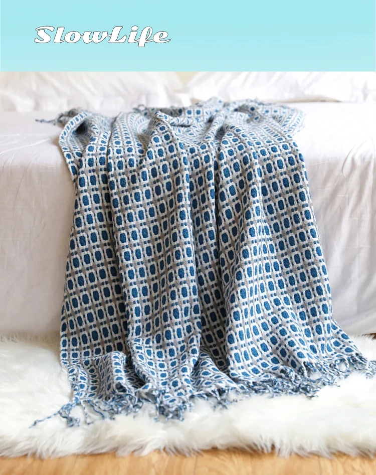 

Sofa Throws Acrylic Ethnic Style Checkered Plaid Thermal Decorative Woven Blankets Office Chair Nap Blanket On Legs in Summer