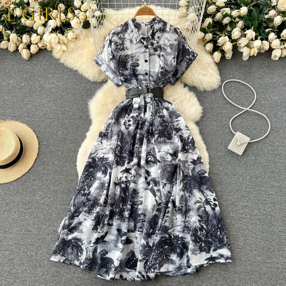 

E GIRLS Aibeautyer New Vintage Summer Floral Print Slim Short Lady Dress A Line Turndown Collar Chiffon Single Breasted Women