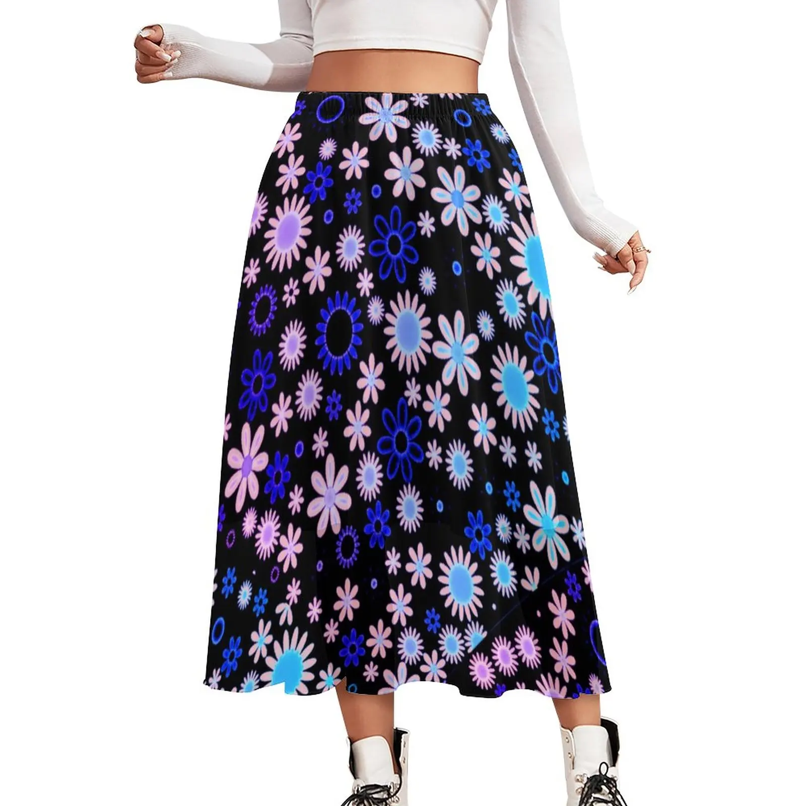 

Colorful Retro 70S Skirt Cute Flower Print Beach Boho Skirts Spring Harajuku High Waist Chiffon Pattern Big Size Casual Skirt