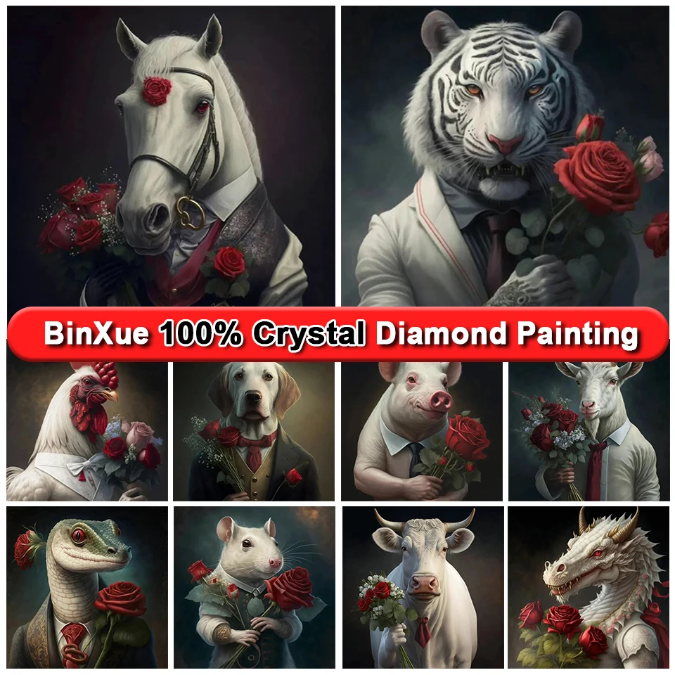 

BinXue Animal Full 100% Crystal Diamond Painting Gentleman 12 Zodiac Rose Cross Stitch Horse Tiger Handmade DIY Mosaic Art Gift