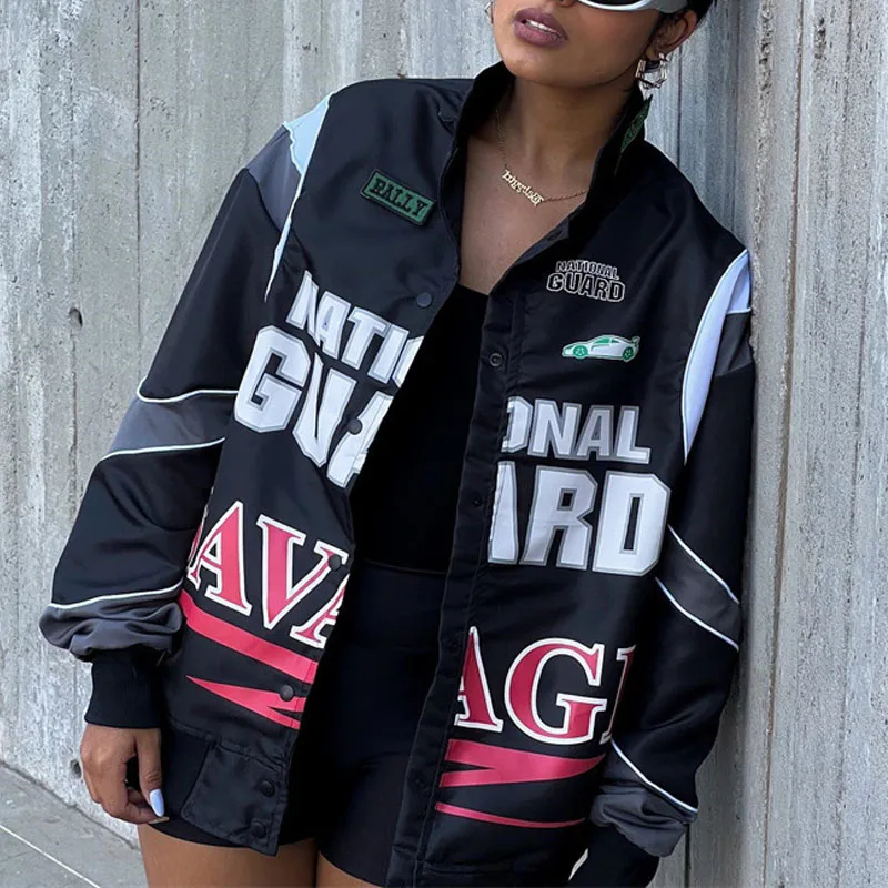 

2022 Patchwork Leather Cardigan Coat Winter Stand Collar Button Motorcycle Outwear Female Fashion Letter Print Baseball Jackets