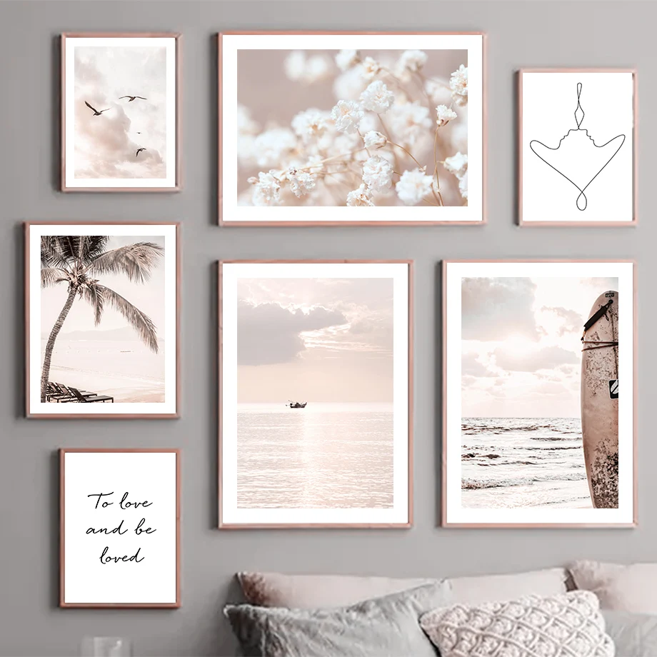 

Настенная картина для пляжа, тростник, цветок, кокосовое дерево, доска для серфинга, настенная Картина на холсте, скандинавские плакаты и принты, настенные картины для декора гостиной
