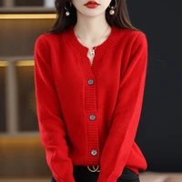 spring and autumn new knitted cardigans round neck loose sweaters solid color tops foreign style all match jackets women