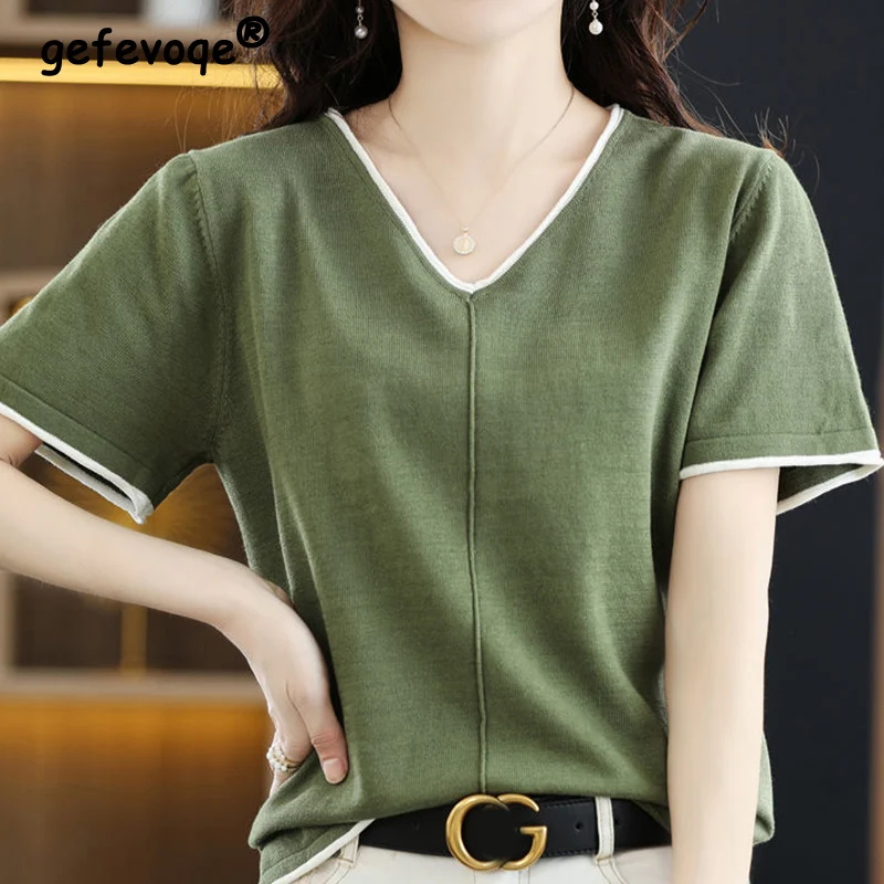 

Elegant Fashion Casual Solid All-match T-shirt Summer 2022 New Streetwear Short Sleeve V-Neck Loose Knitted Tops Female Clothing