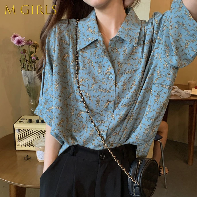 

M GIRLS Shirts Women Vintage Summer Turn Down Collar Print BF Style New Collection Feminine Cozy Simple All-match Unisex Chiffon