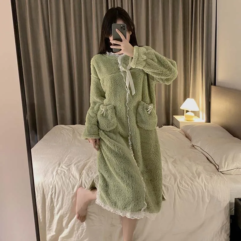 Fleece Long Sleeve Warm Autumn Long Dressing Gown Sleepdress Winter Thicken Nightdress Home Dress Nightgown Women Flannel Coral