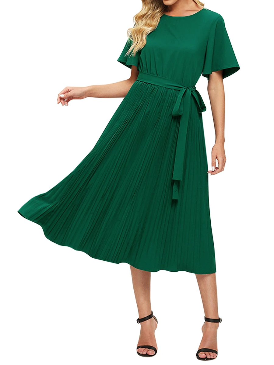 

Женское платье-миди с коротким рукавом и круглым вырезом