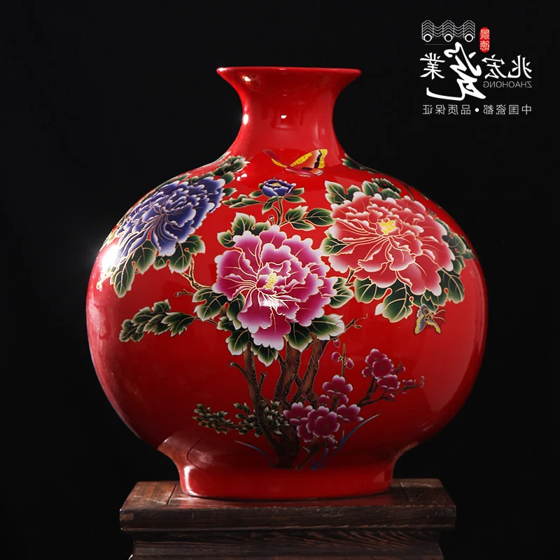 

Hong Siu Jingdezhen ceramics China red peony pomegranate Ball Vase decorated living room floor decoration Home Furnishing