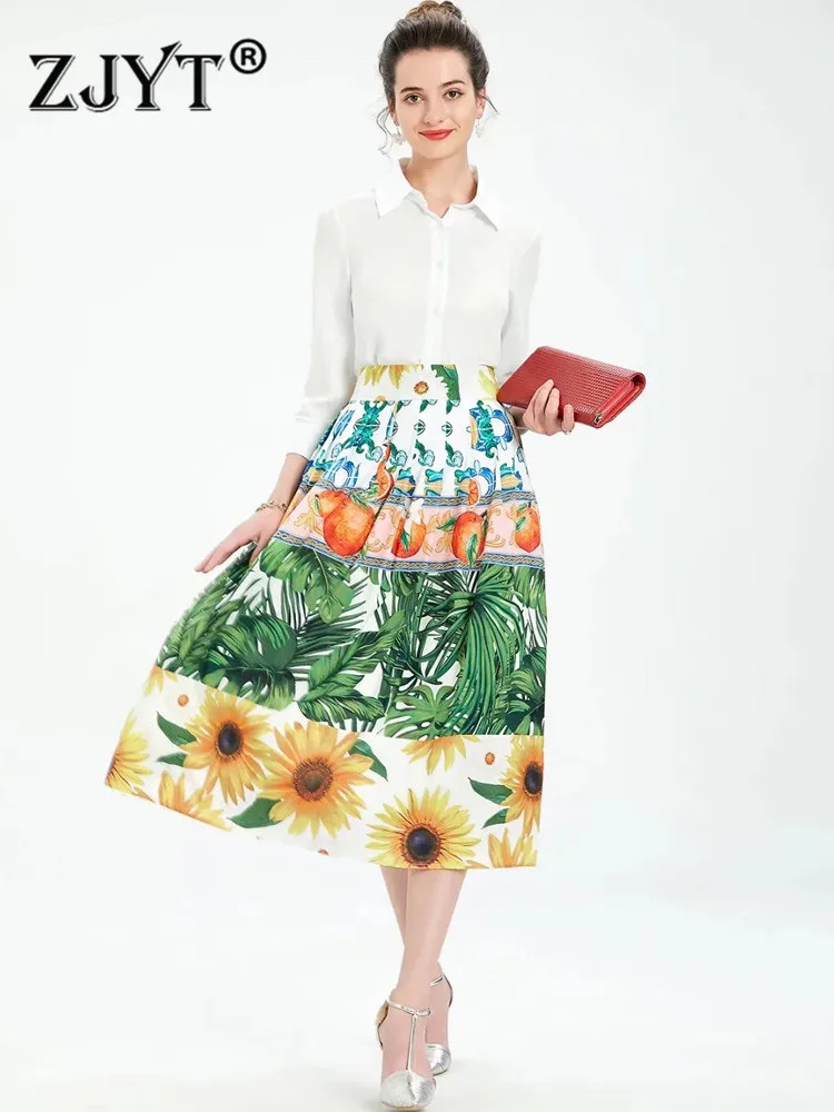 

Модный подиумный комплект ZJYT из 2 предметов с длинной юбкой и принтом, лето 2022, Новая Элегантная белая блузка, повседневные праздничные кост...