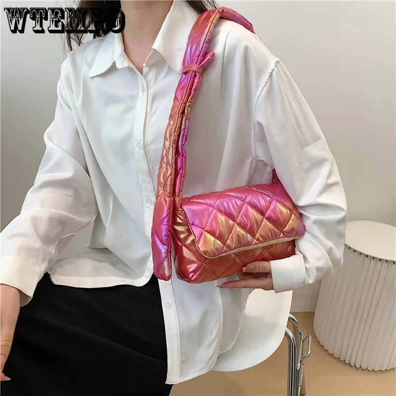 Quilted Women Messenger Bag Fashion Check Cotton-Padded Bag Nylon Buckle Autumn Winter Flap Soft Solid Color for Shopping Travel
