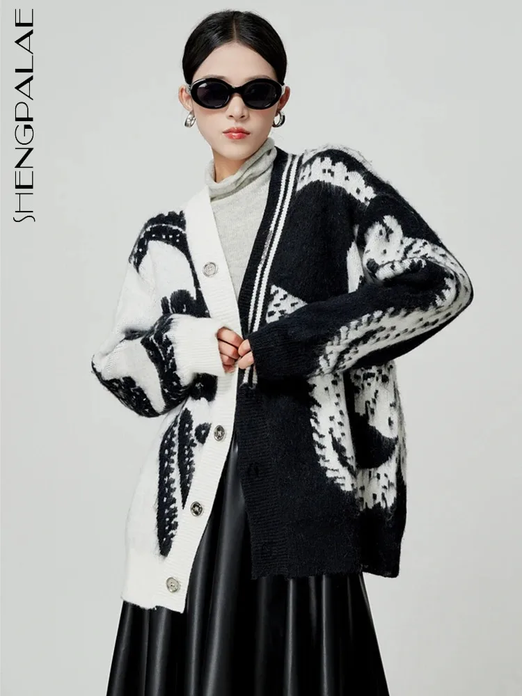 

SHENGPALAE Mohair Sweater For Women Printed Contrast Color V-neck Single Breasted Knitting Cardigan Coat Autumn 2023 New 5R7227