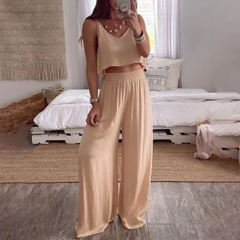 

2022 Women Sleeveless Solid Color Skin-friendly Sling V-neck Top Wide Leg Pants Outfit Tracksuit