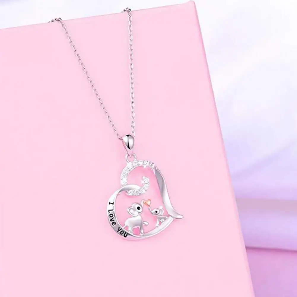 

I Love You Letter Print Cute Necklace Shining Rhinestone Mom Baby Elephant Heart Pendant Necklace for Mother Day