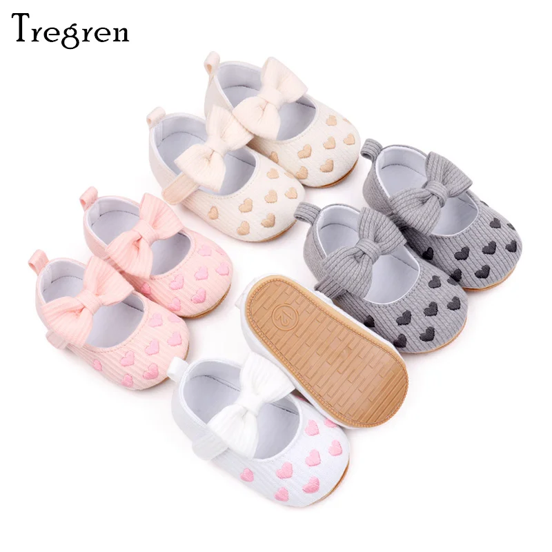

Tregren 0-18M Newborn Baby Girls Mary Jane Flats Non-Slip Heart Princess Dress Shoes Infant Crib Shoes with Bow First Walkers