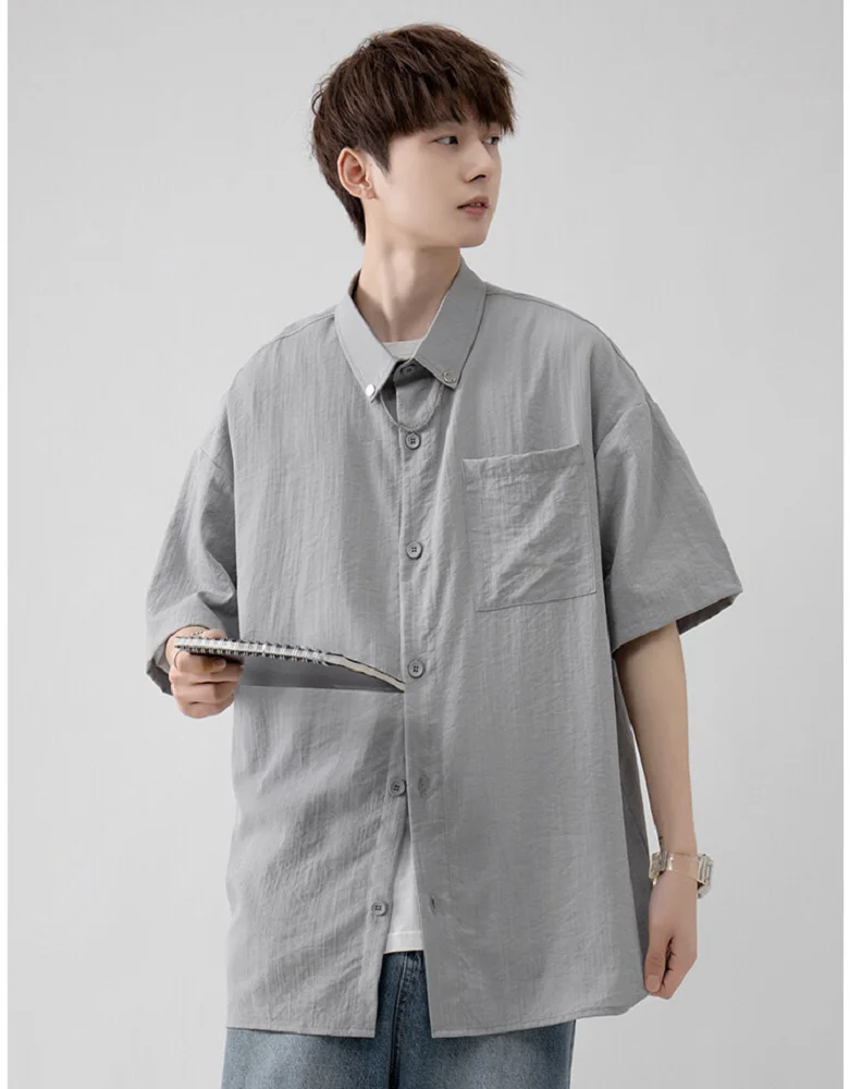 EOUW 2022 Fashion 2022 Summer Men Thin Ice Silk Linen Solid Color Casual Short Sleeved Shirt Youth Men's Clothes Trend Tops