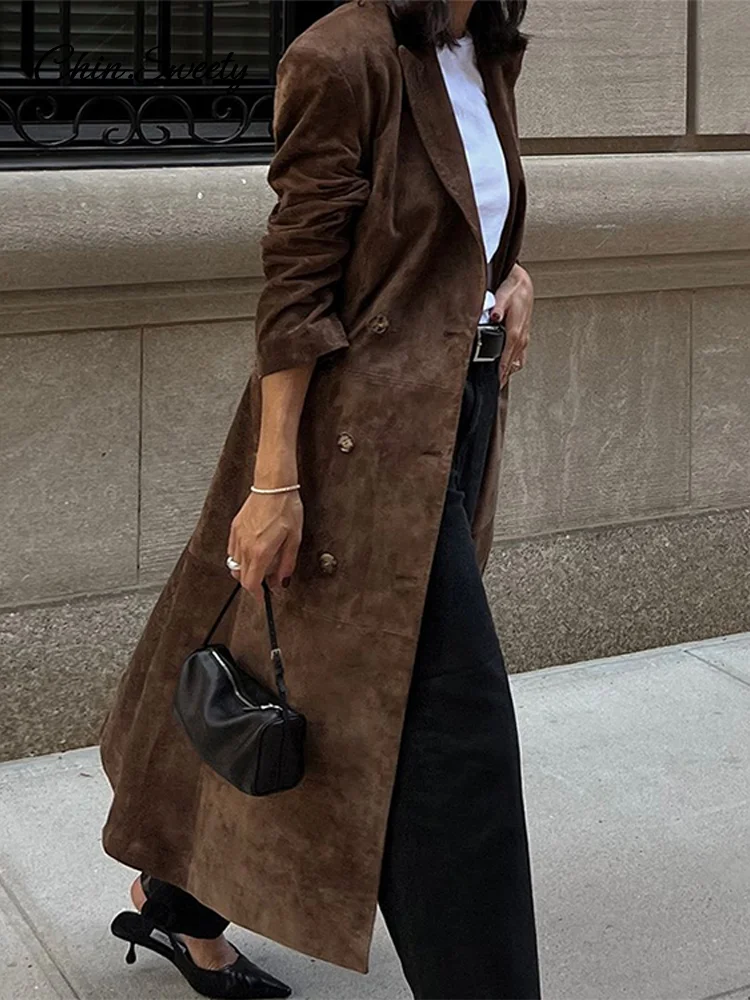 Женский Длинный замшевый тренчкот элегантный двубортный большого размера с