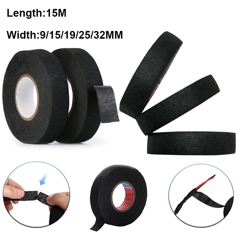 

15M 9/15/19/25/32MM Heat-resistant Adhesive Cloth Fabric Tape For Automotive Cable Tape Harness Wiring Loom Electrical Heat Tape