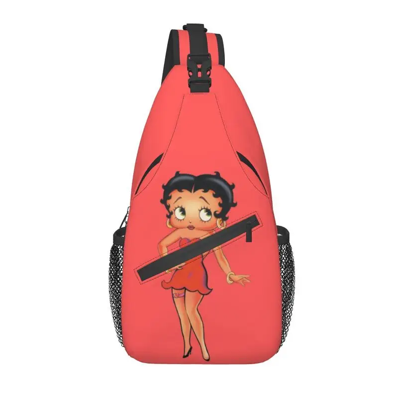 

Funny Vintage Boop Bettys Sling Crossbody Backpack Men Custom Cartoon Chest Shoulder Bag for Travel Hiking Daypack