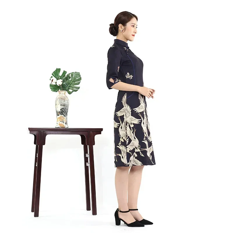 Cosdea современный китайский Cheongsam Qipao женский с принтом журавля 3/4 рукава азиатская