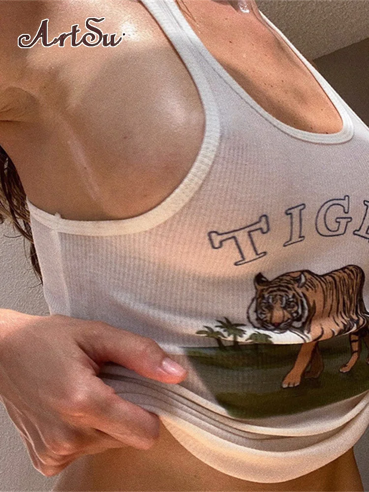 

Artsu, модные тонкие женские футболки без рукавов с принтом, лето 2021, топы на бретелях, футболки, Уличная Повседневная Эстетическая одежда Y2K