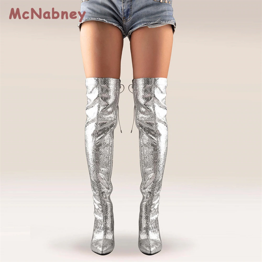 Women Over The Knee Boots Silver Fish Scale Side Zipper Stiletto Heels Boots Fashion Pointed Toe Cross Straps Thigh Boots