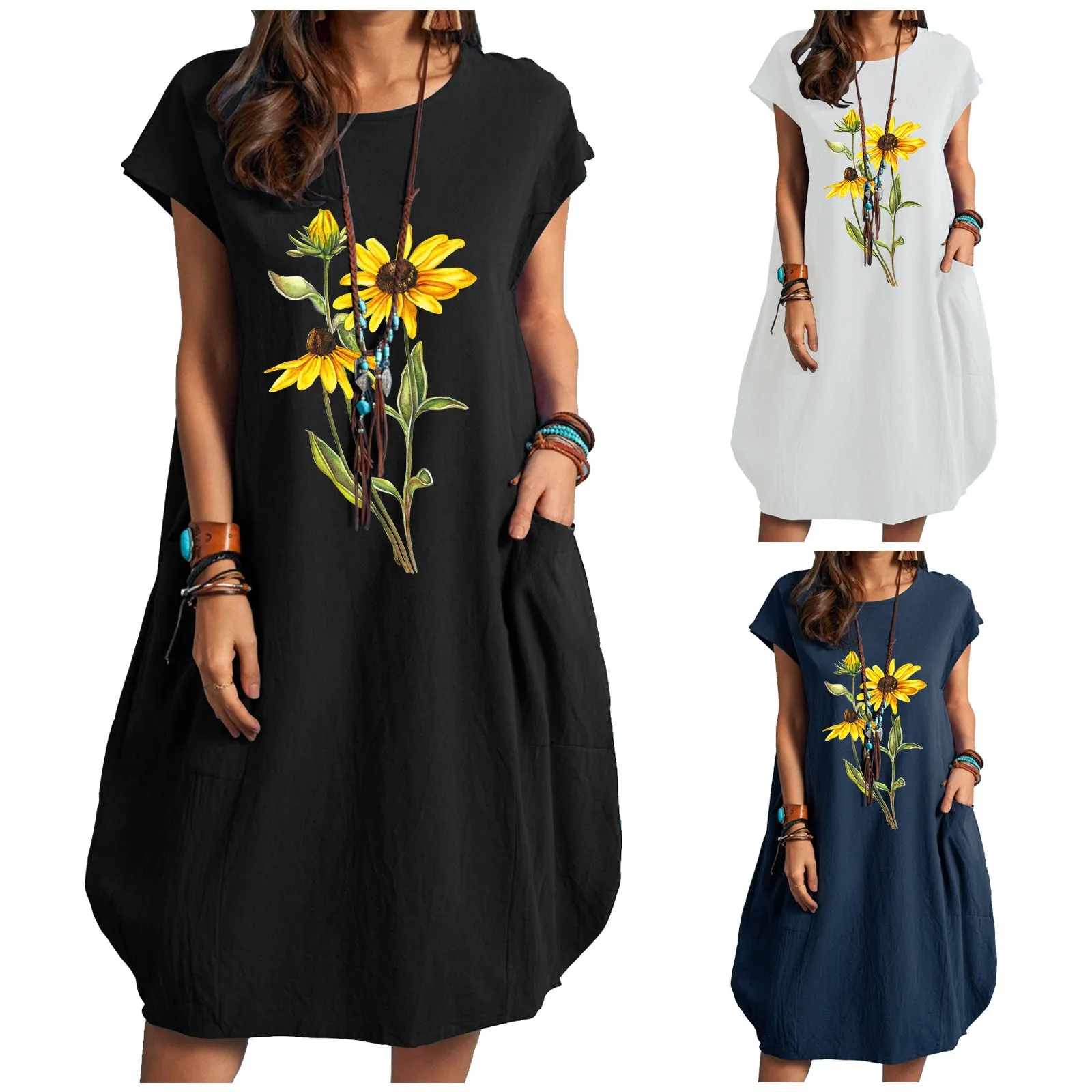 

Women Sunflower Printed Loose Short Sleeve Dress Summer Round Neck Dresses With Pocket Cotton Linen Knee Length Midi Sundress