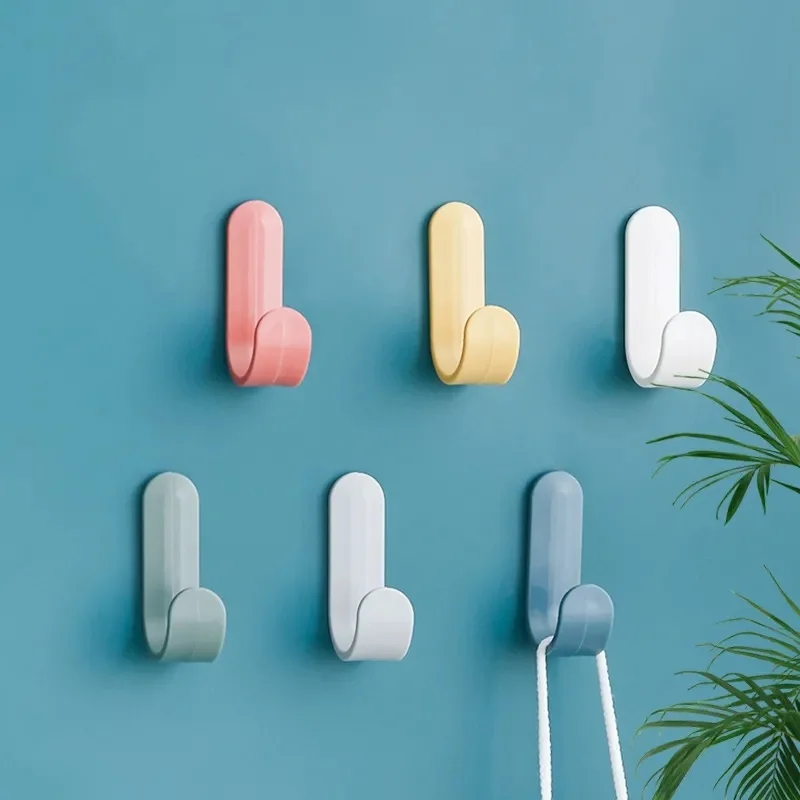 

5pcs J Shape Self Adhesive Hanging Hooks Nail-Free Space Saving Towel Plastic Hat Racks Keys Wall Hanger Hooks Storage Supplies