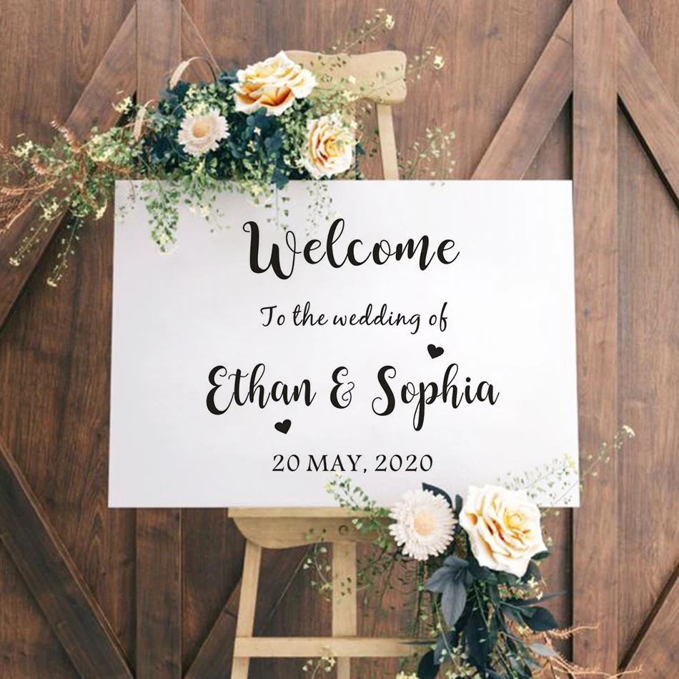 

Welcome Wedding Sign Wall Sticker Custom Bride and Groom Names Vinyl Decals Wedding Board Decoration Removable Murals 4099