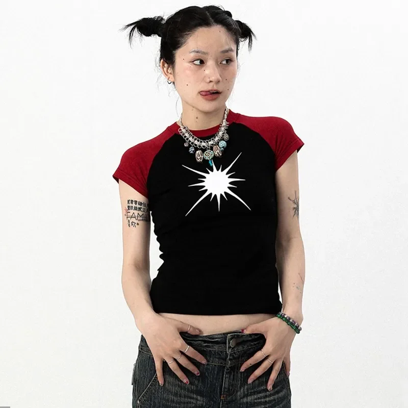Karrram гранж пэчворк футболка винтажная корейская мода с коротким рукавом чай