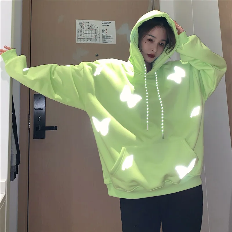 

Светоотражающие толстовки с капюшоном и бабочкой, женские толстые флисовые Свободные повседневные пуловеры, осенне-зимние теплые толстовки с большими карманами для отдыха