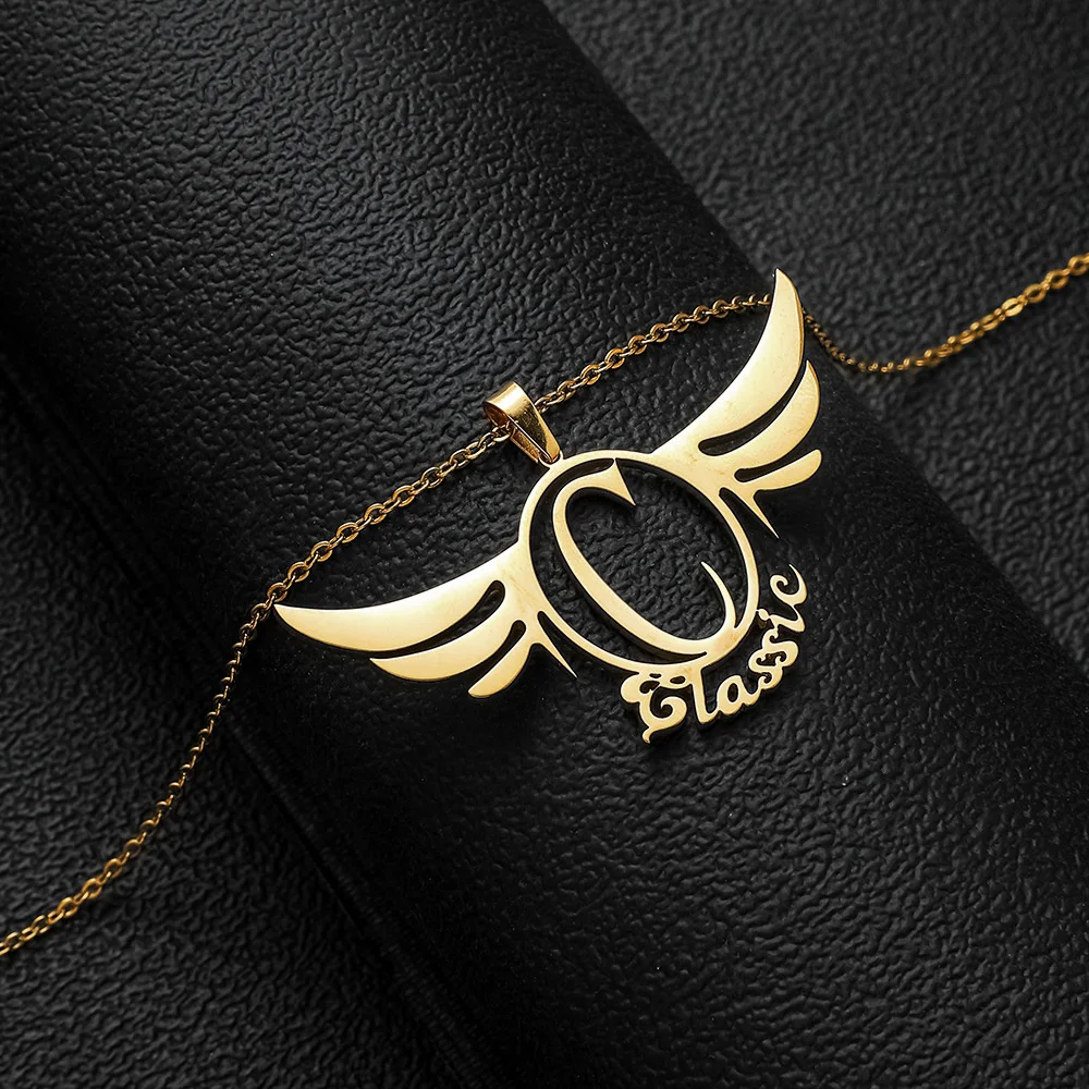 

Custom Name Necklace Personality Hollow Wing Pendant Stainless Steel Letter Jewelry For Women Girls Birthday Gift