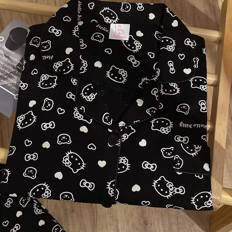 

Пижамный комплект Y2K Sanrio, комплект из 2 предметов с Hello Kitty, модная одежда для сна для женщин и мужчин, Черный Топ с длинным рукавом, рубашки, пижамы