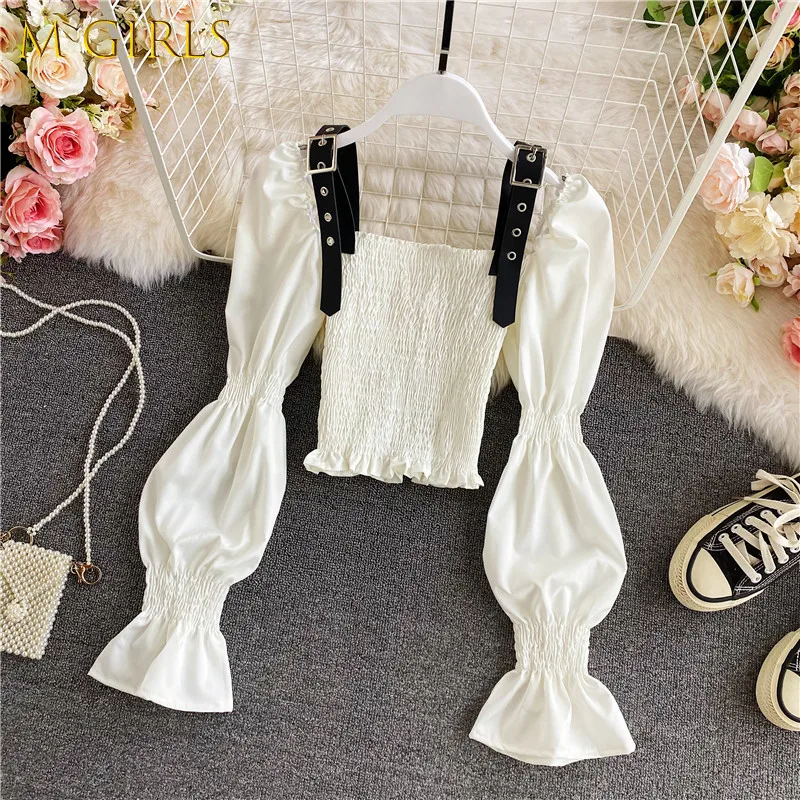 

M GIRLS Solid White summer crop top women Square collar backless Sexy club tank top Puff Sleeves Adjustable Spaghetti Strap