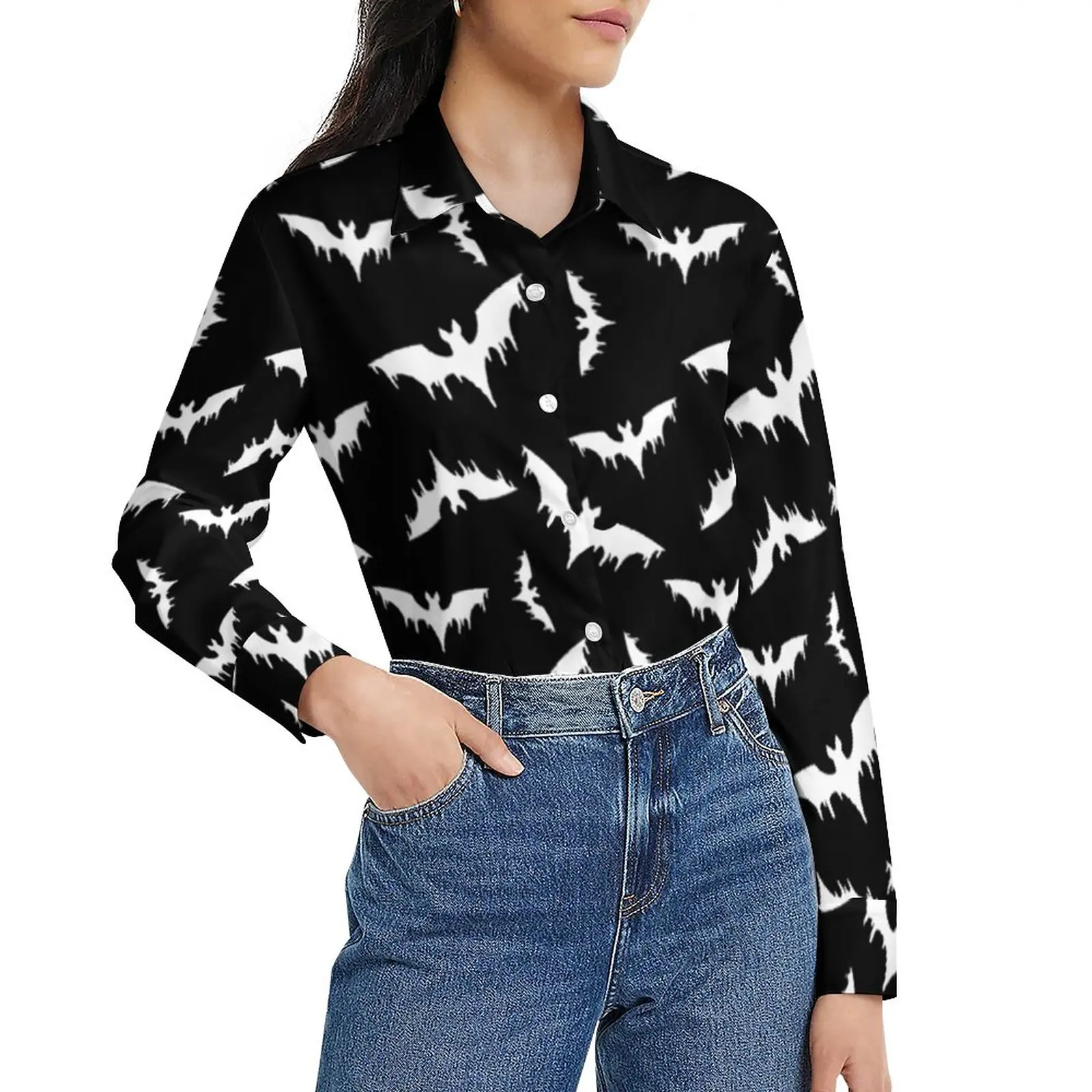 

White Bats Print Blouse Funny Animal Retro Printed Blouses Women Casual Shirt Autumn Long Sleeve Oversized Top