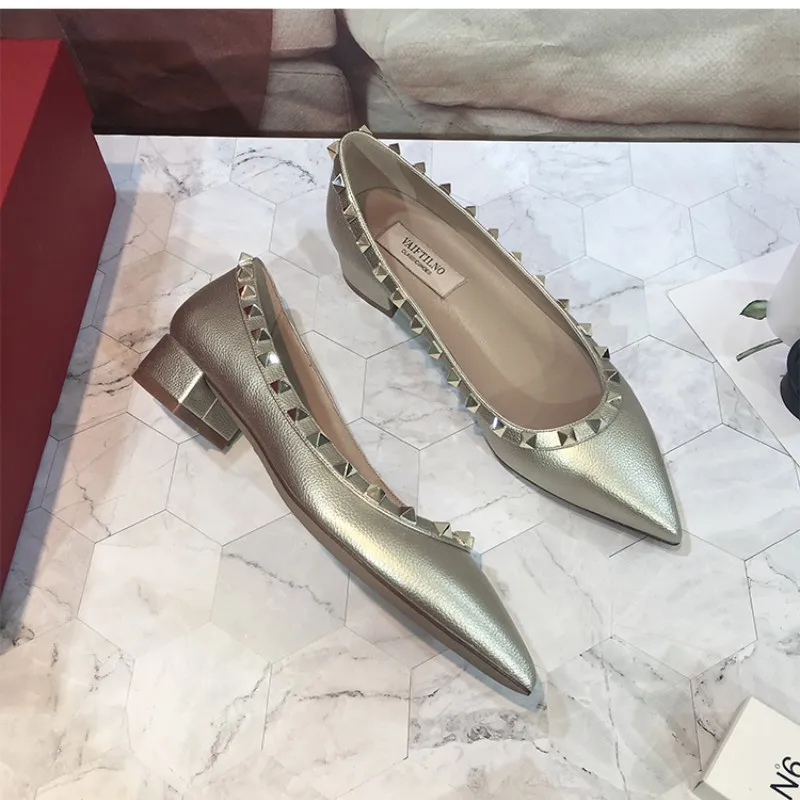 New Versatile Pointed High Heels Women's Shoes Shiny Metal Rivet Genuine Leather Black Pumps Low Heels 3cm Sexy Wedding Shoes 41