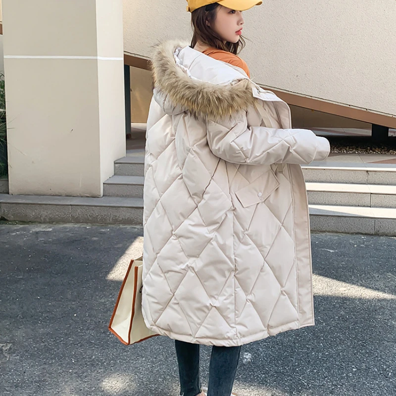 Women Mid-length Large Fur Collar Hooded Cotton Coat Loose Plus Size Winter Warmth Rhombus Long Over The Knee Coat Korean