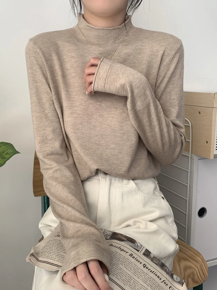 

Half High Collar Curled Black Sweater For Women 2022 Spring And Autumn New Style Versatile Long Sleeve Knitted Top