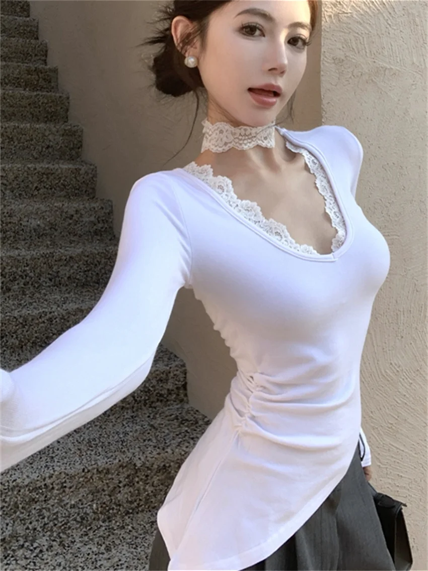 Женская Кружевная футболка с V-образным вырезом и длинным рукавом