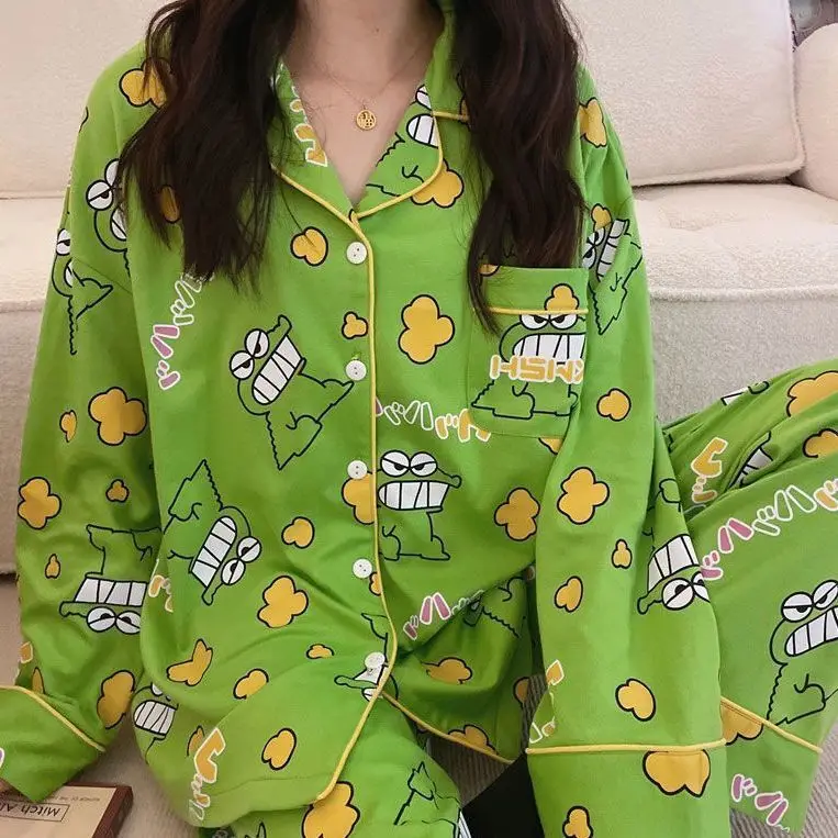 Cotton Pajamas Bow Print Lapel Pajamas Sexy Underwear Women's Home Clothes Pajamas 2-piece set women's pajamas