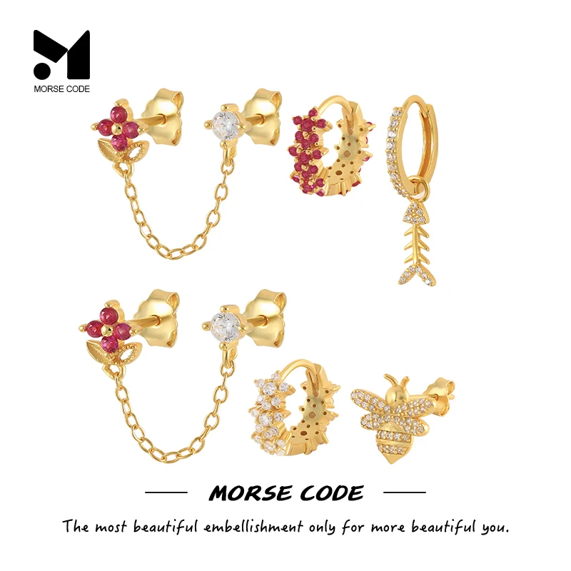 

MC Bling Pink Flower Bee Zircon Gold Chain Hoop Earrings Set For Women Girl's Piercing Stud Earring Jewelry Gifts Pendientes