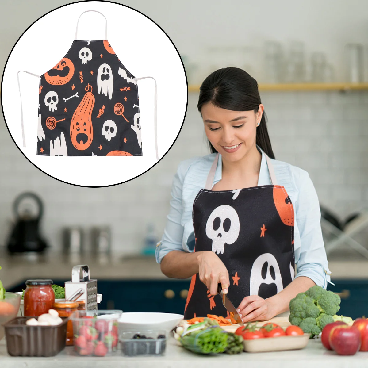 

Apron Kitchen Cookingaprons Decorations Accessories Adjustable Cotton Spooky Chefbloody Pumpkin Skeletonpockets Festival Goth