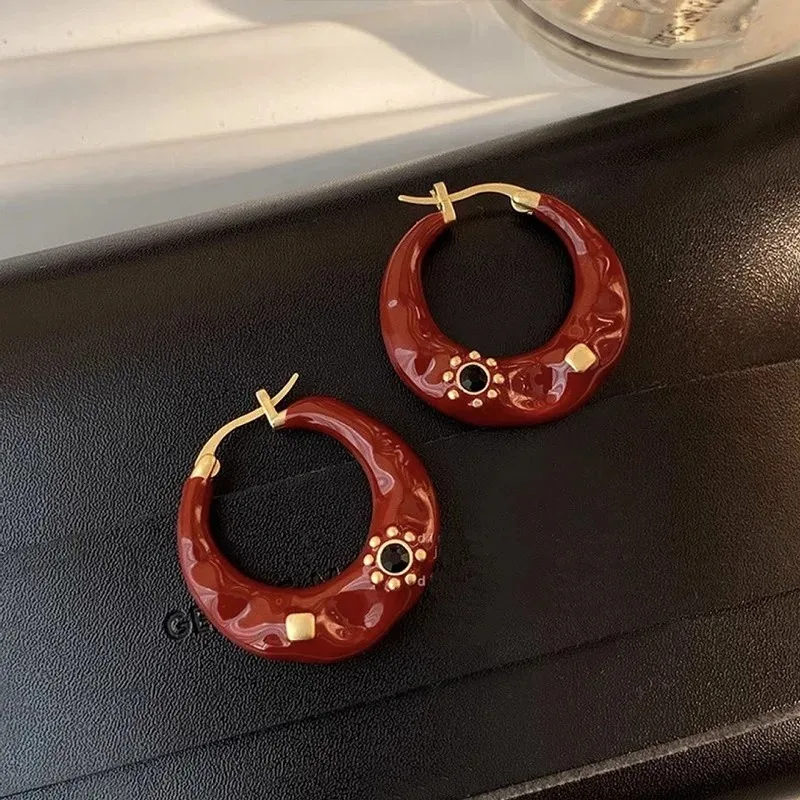 Французские винтажные эмалированные серьги-кольца с капельной глазурью для