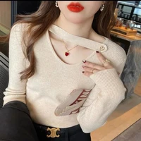 2022 autumn vintage v neck knitted pullover sweater women niche cultivate ones morality warm simple sweaters pure color top