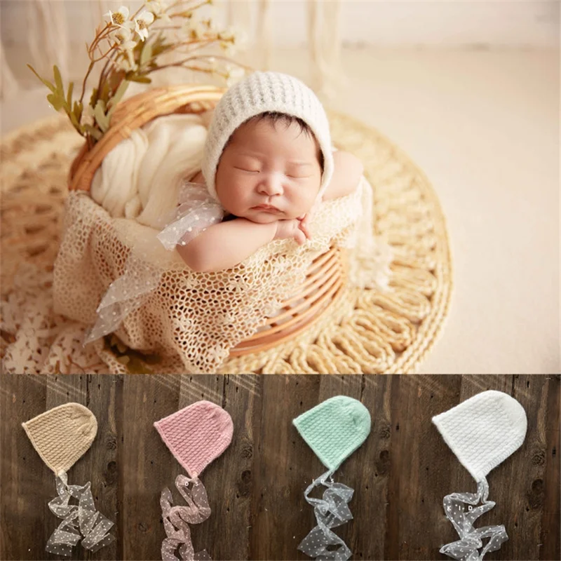 Dvotinst Newborn Baby Photography Props Sugar Color Knitted Hat with Lace Bonnet Fotografia Accessories Studio Shooting Props
