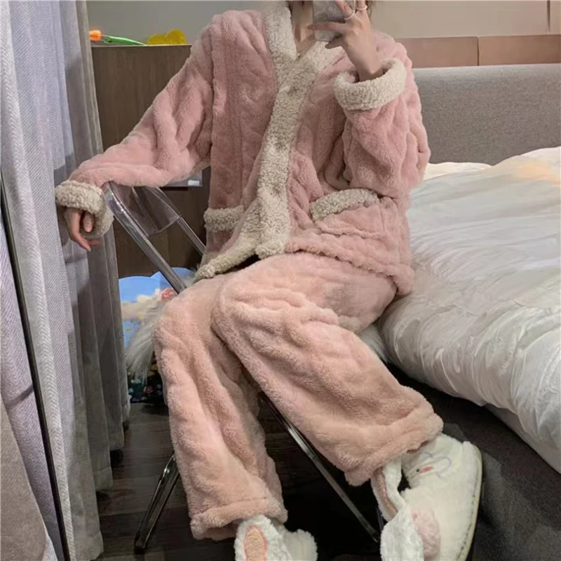 Winter Warm Thicken Pajamas Women Girl Stylish Cute Solid Color Sleepwear Sets Coral Fleece Home Clothes