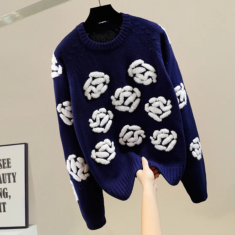 

Heavy Industry Beaded Knitted Pullover Women Thick Sweater Women's New Loose Long Sleeve Knitted Jumper Top Woman Sweaters Coat